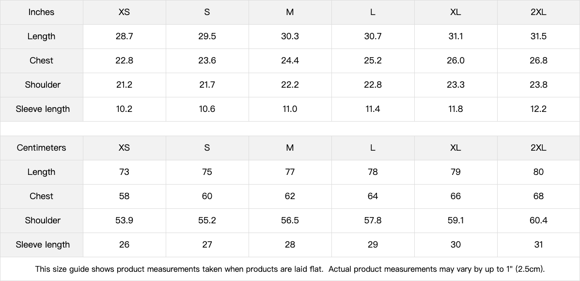 Social Battery Championship Tee garment measurement chart in inches and centimeters