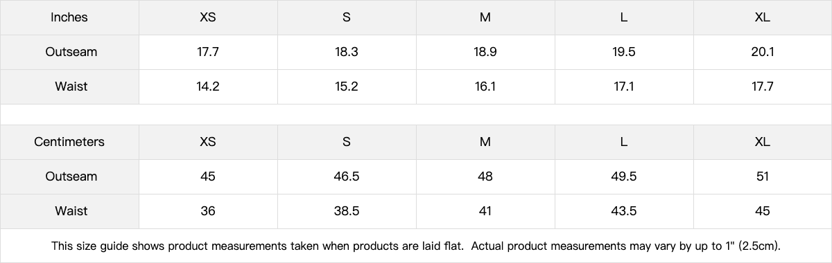 Social Battery Championship Shorts garment measurement chart in inches and centimeters