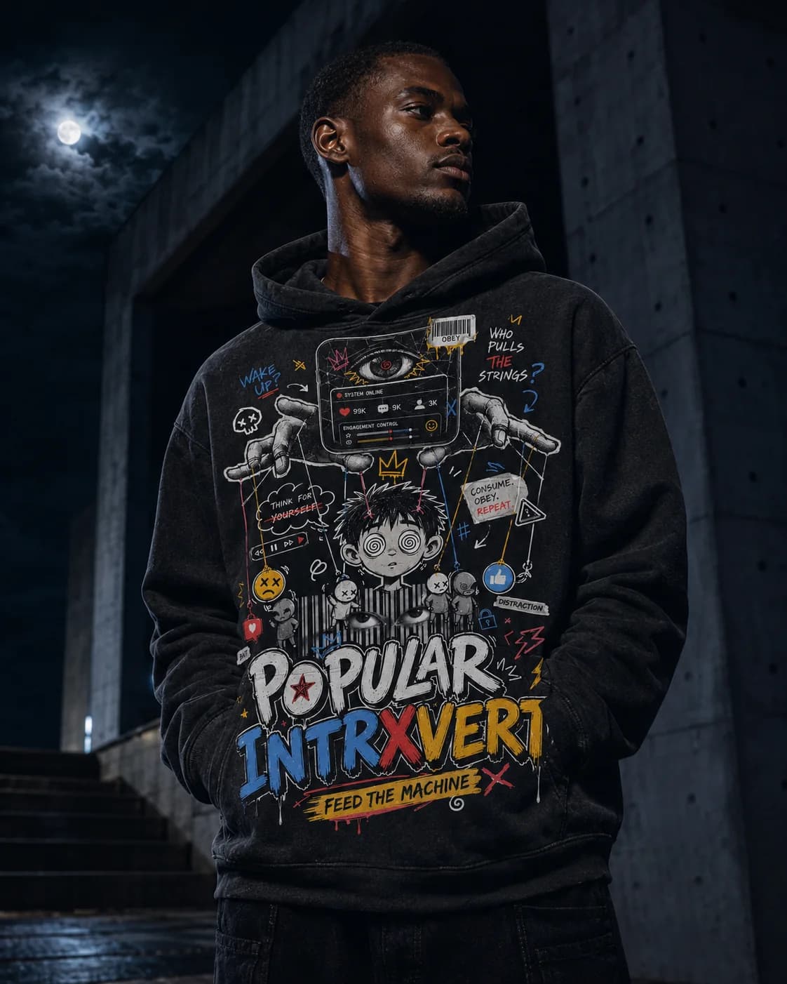 Model in a black Popular Intrxvert Feed the Machine graphic hoodie