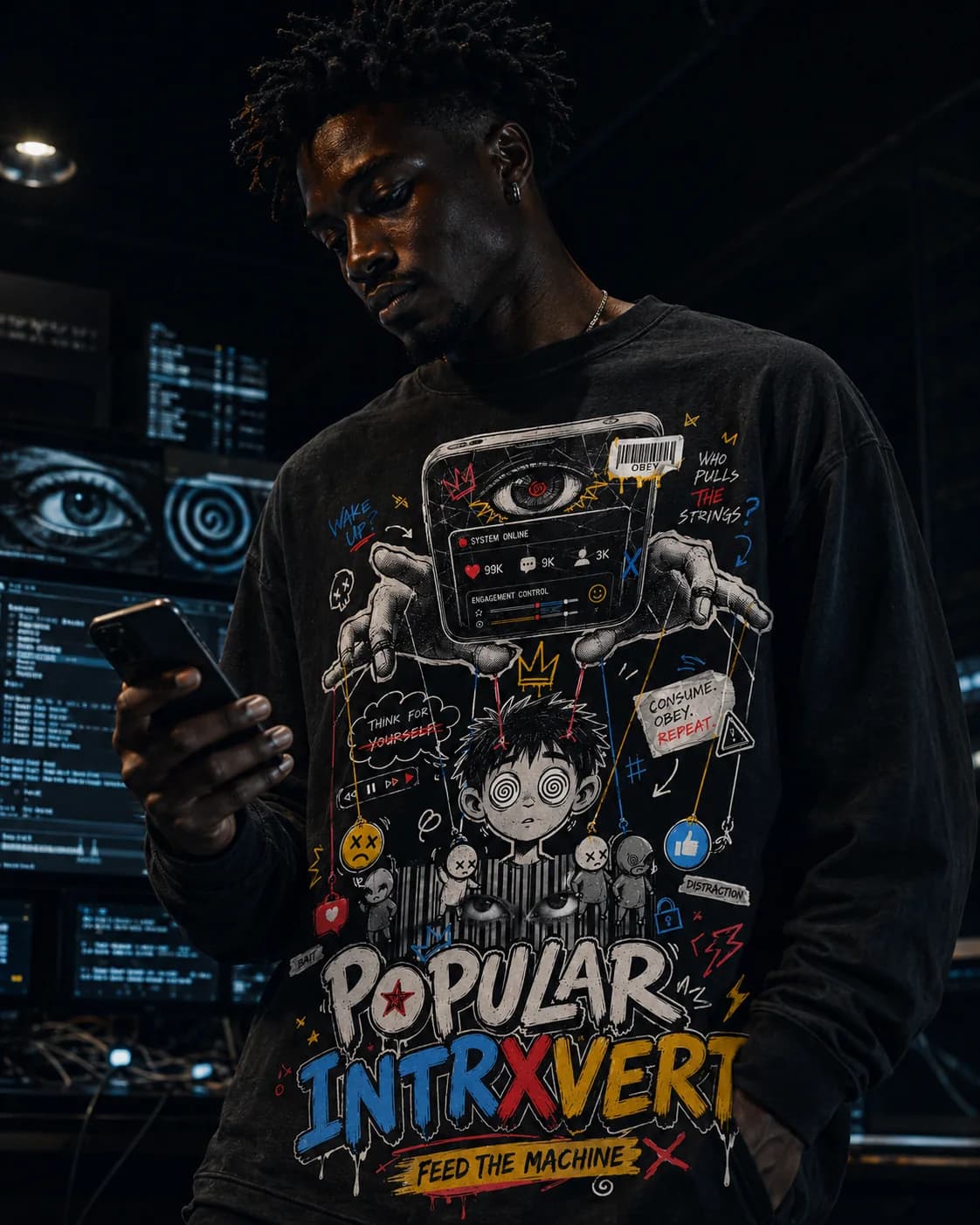 Model checking a phone while wearing the Feed the Machine Popular Intrxvert hoodie