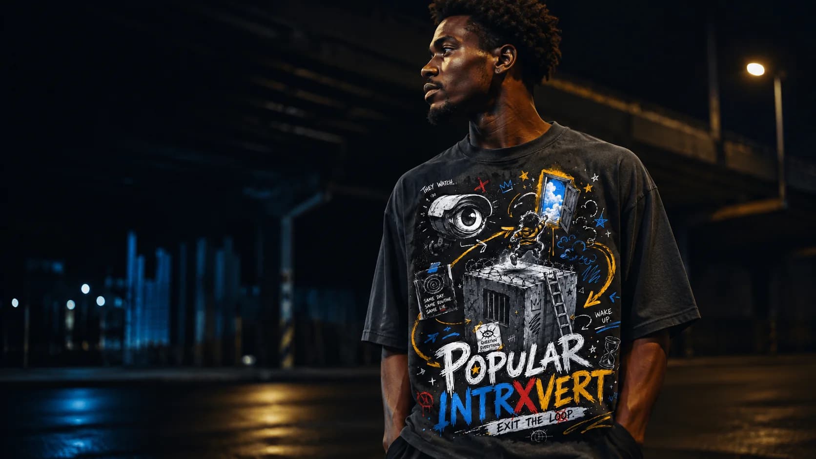 Model in a black Popular Intrxvert graphic tee standing on a city street at night