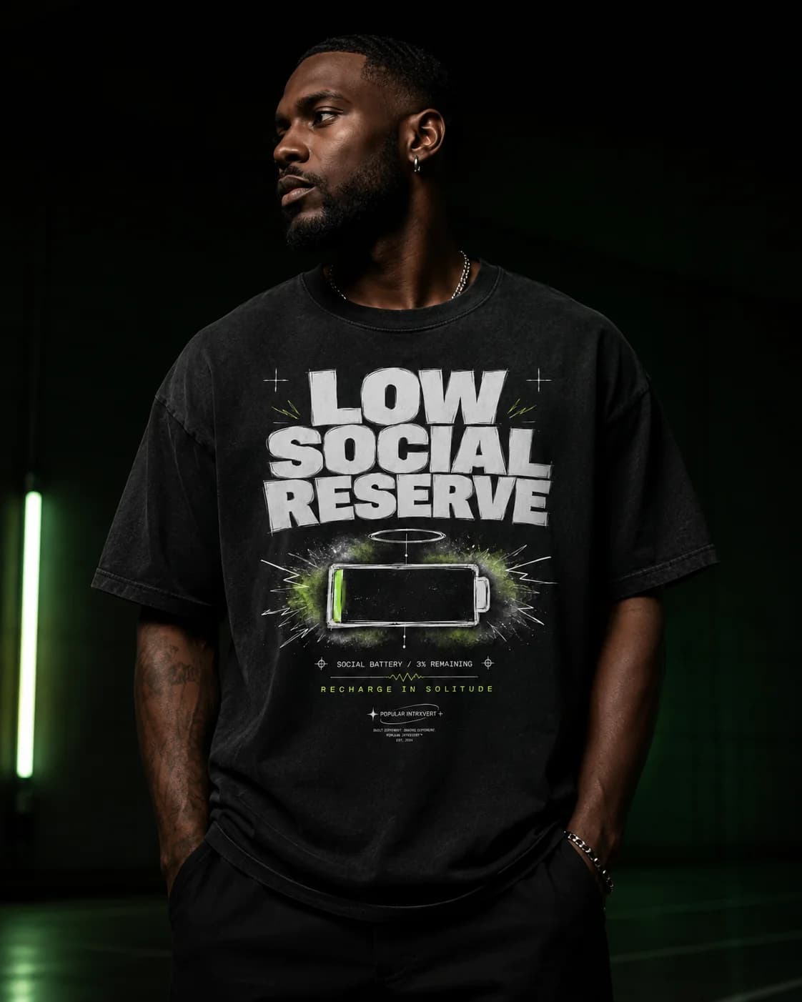 Model wearing the Popular Intrxvert Low Social Reserve tee