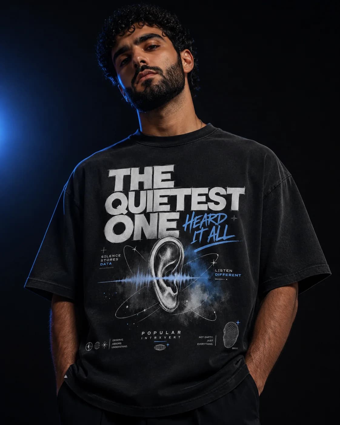 Model wearing The Quietest One Hears It All Popular Intrxvert tee