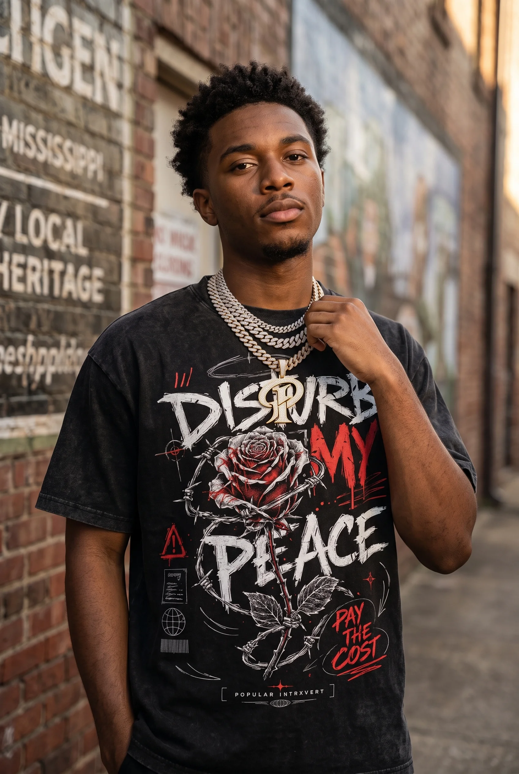 Model wearing the Popular Intrxvert Disturb My Peace graphic tee