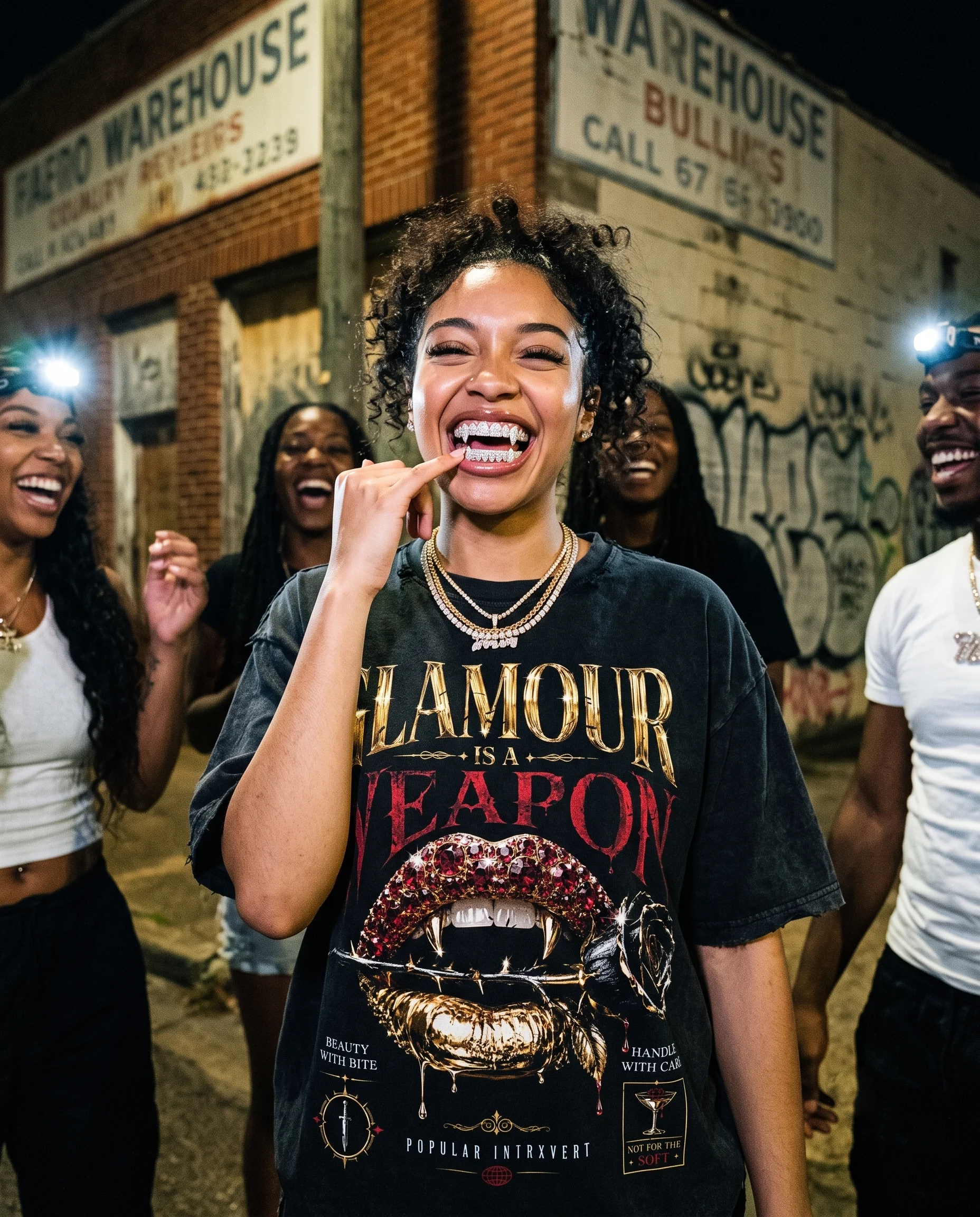 Woman wearing the Popular Intrxvert Glamour Is a Weapon graphic tee with friends on a city street at night