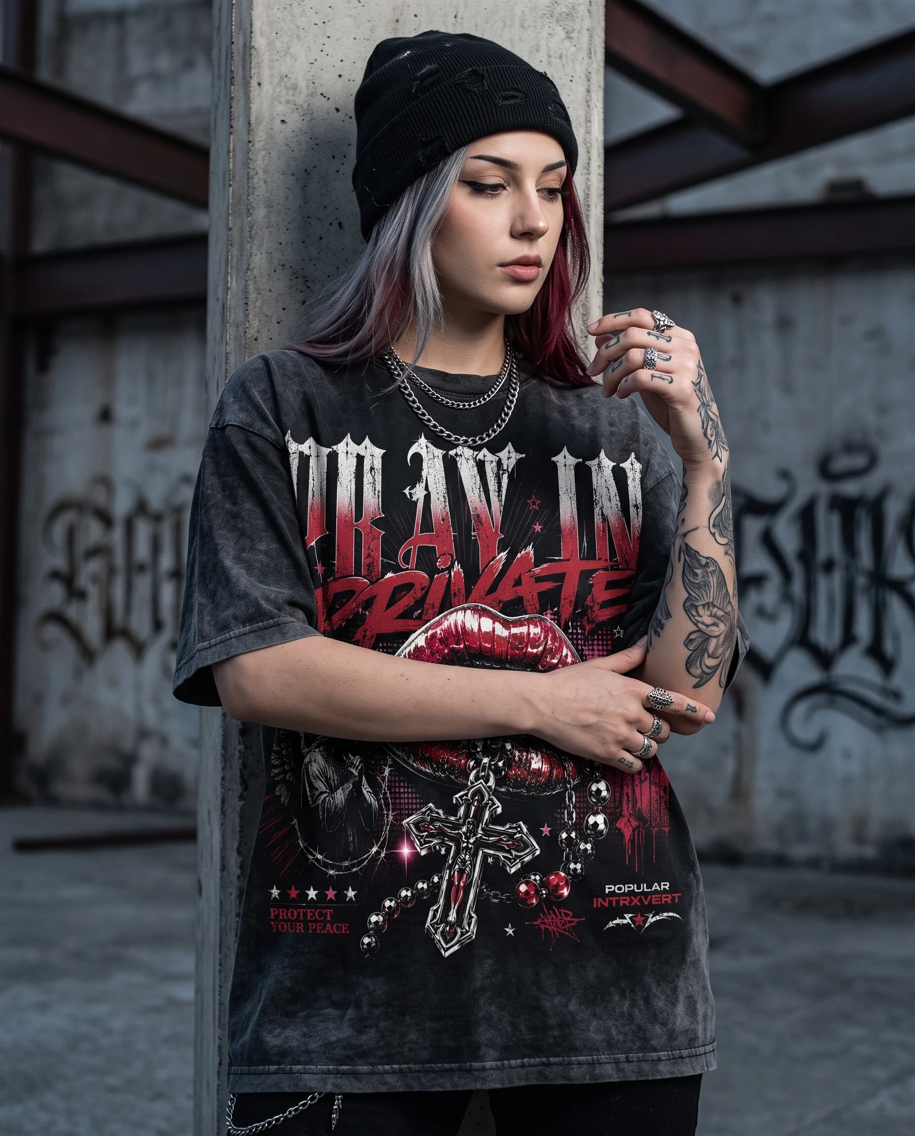 Woman wearing the Popular Intrxvert Pray In Private graphic tee