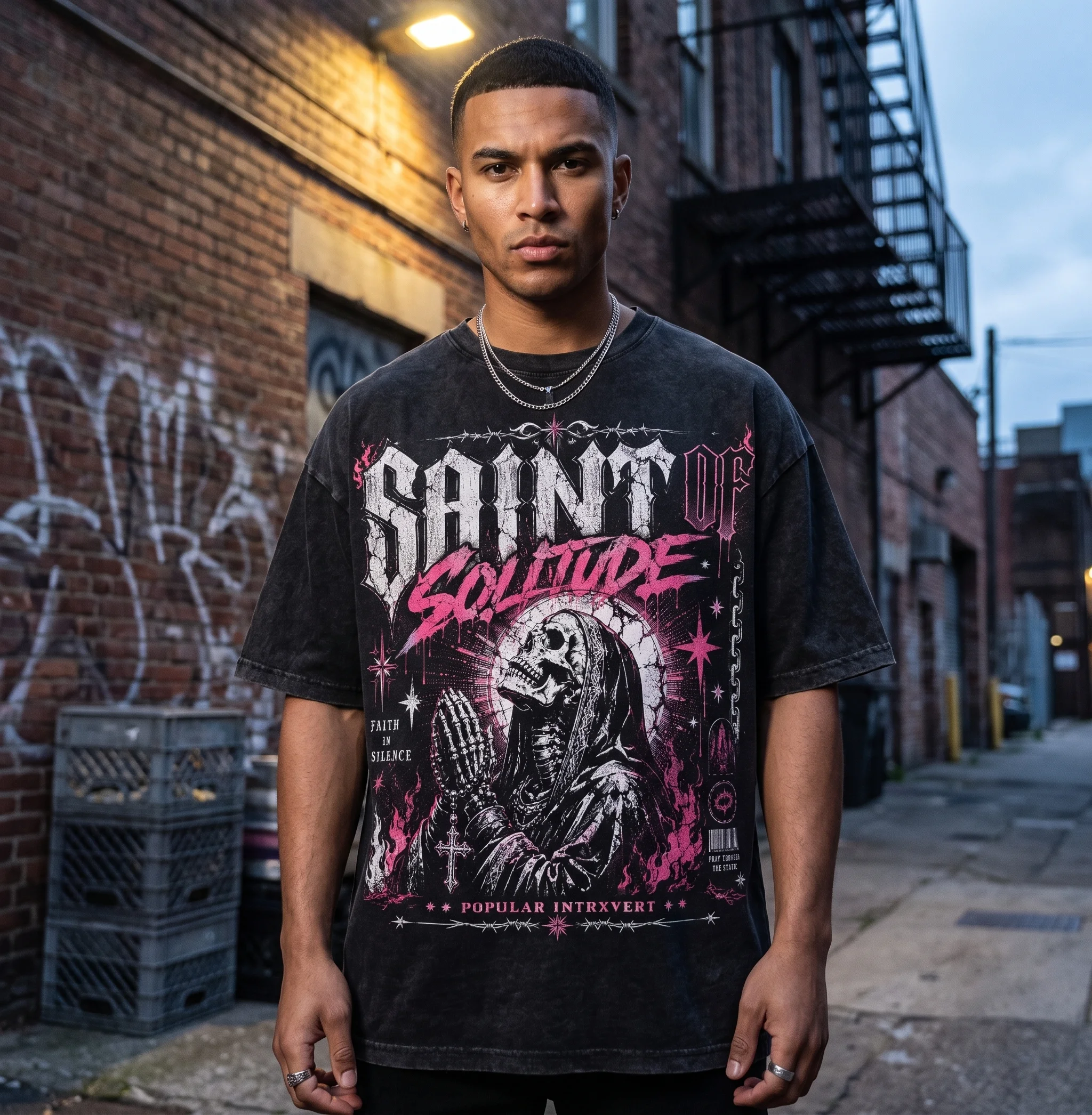Model wearing the Popular Intrxvert Saint of Solitude graphic tee in an alley