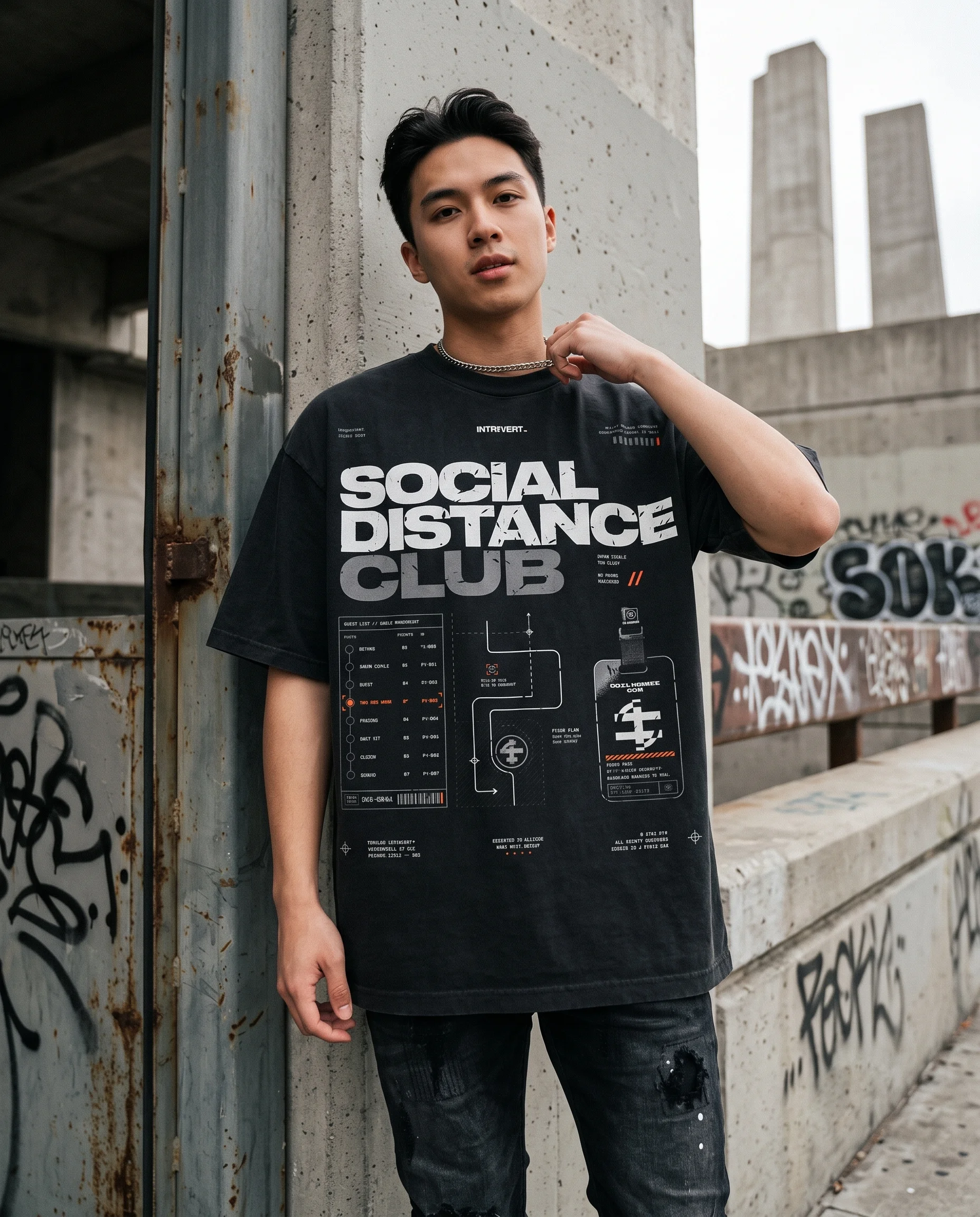 Model wearing the Popular Intrxvert Social Distance Club graphic tee