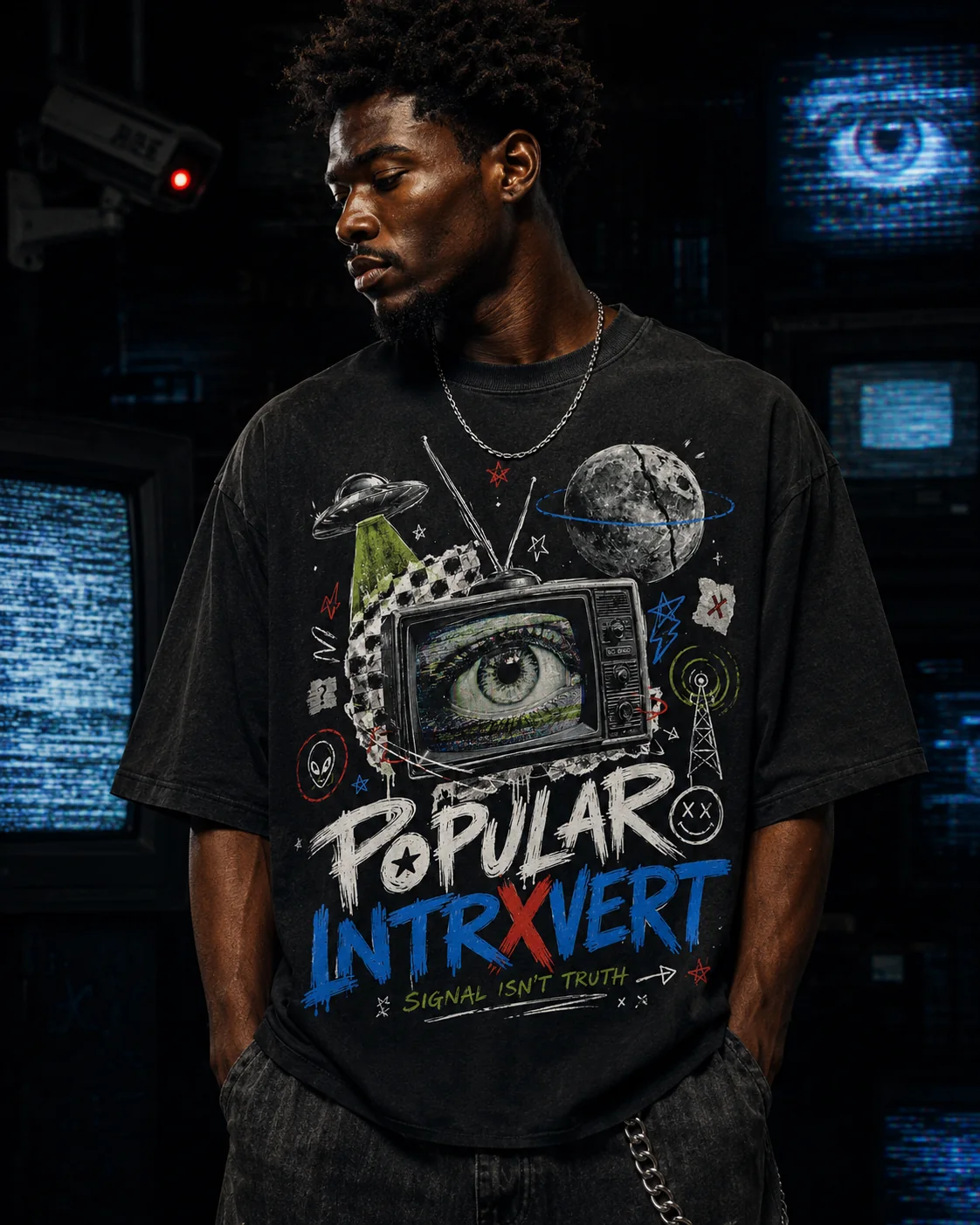 Model wearing the Popular Intrxvert Feed the Machine tee beside surveillance screens