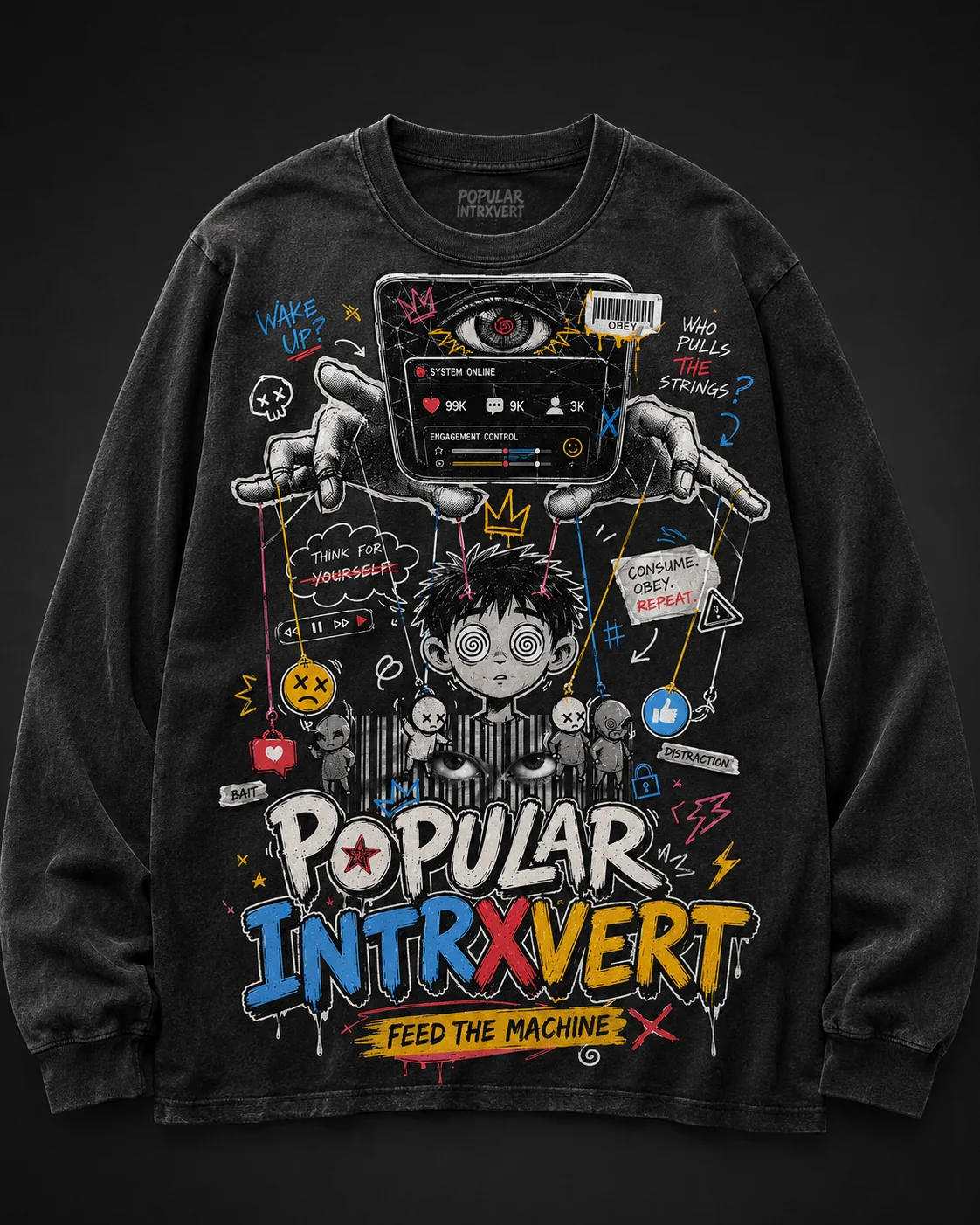 Black Popular Intrxvert Feed the Machine graphic garment shown against black