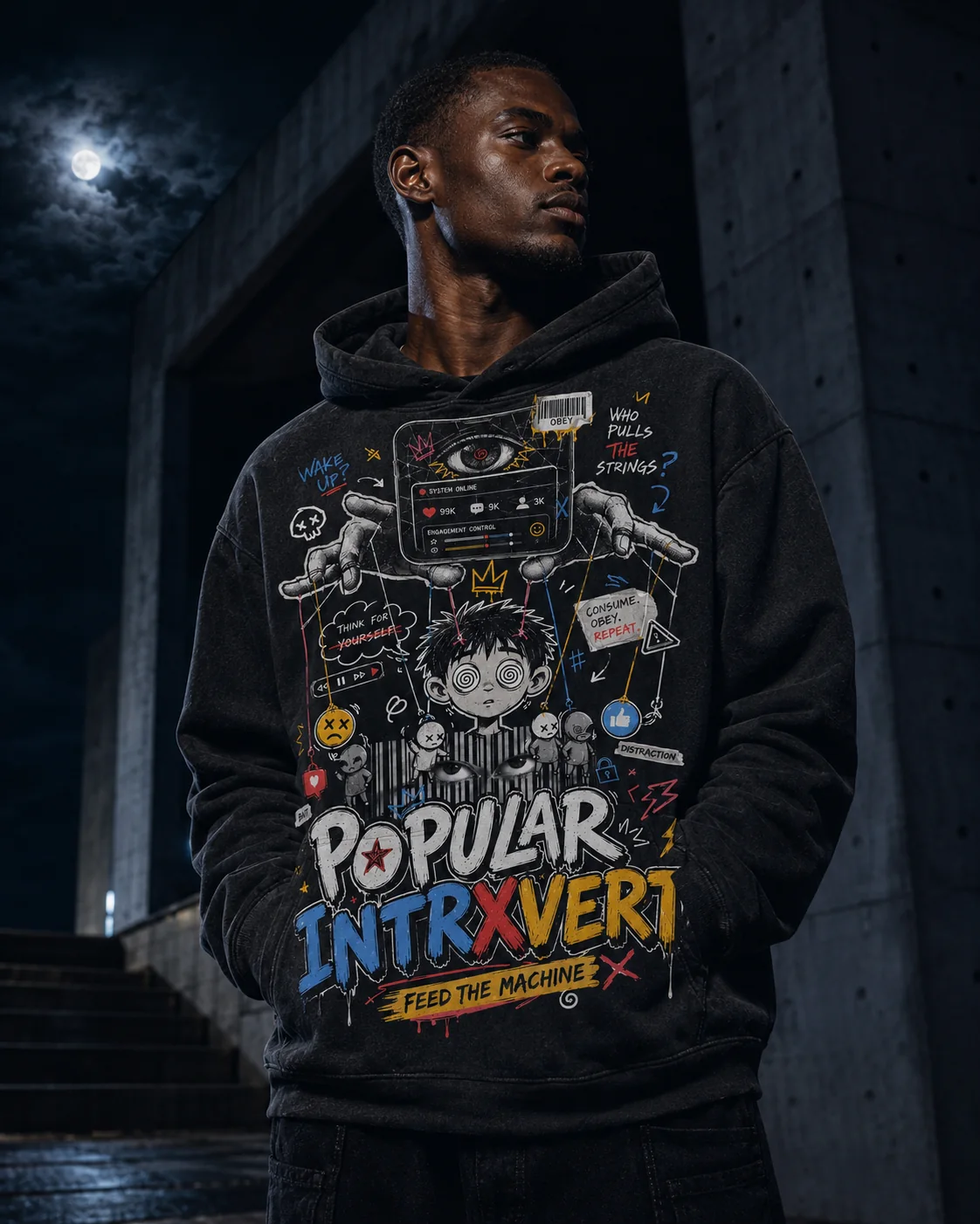 Model in a black Popular Intrxvert Feed the Machine graphic hoodie
