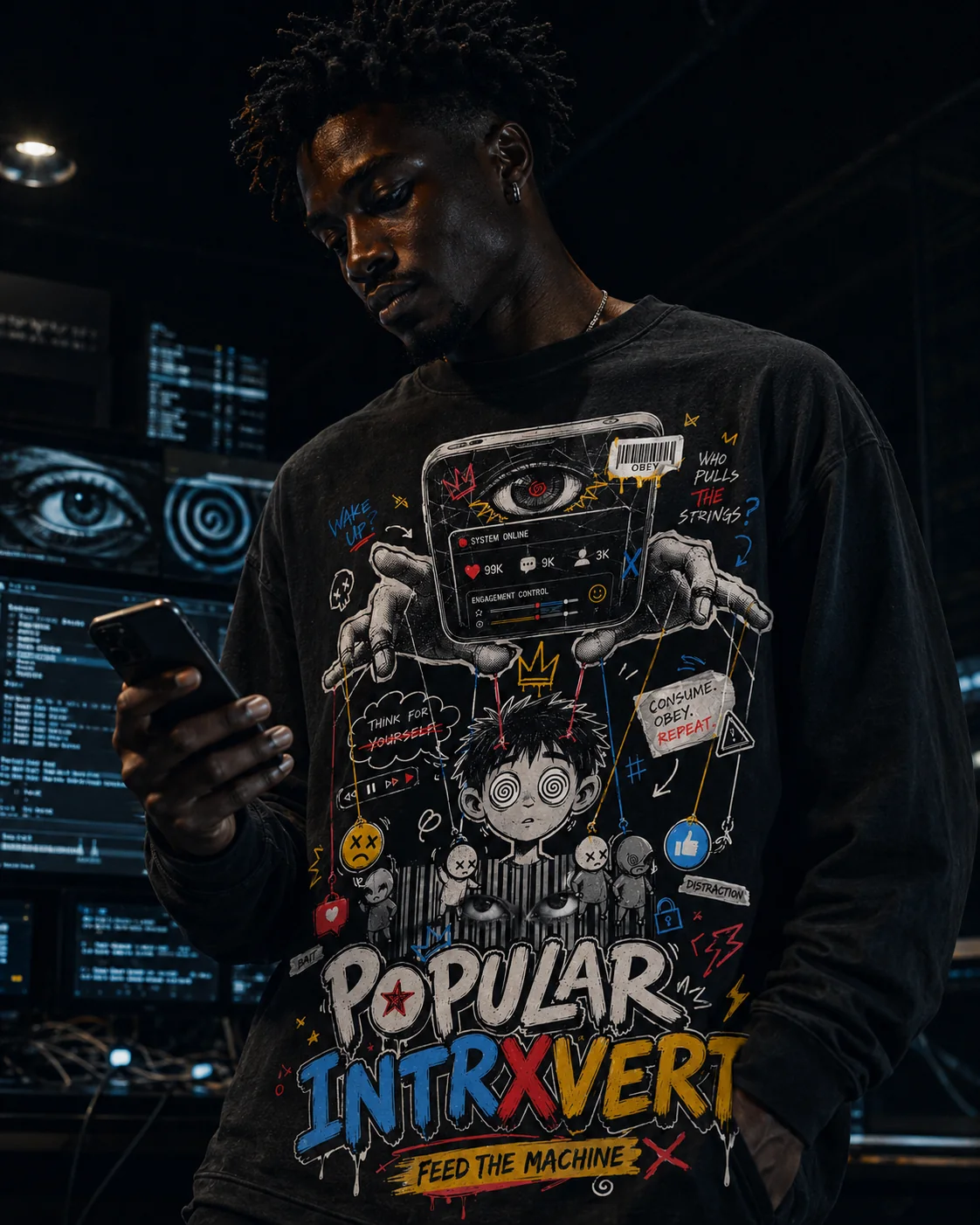 Model checking a phone while wearing the Feed the Machine Popular Intrxvert hoodie