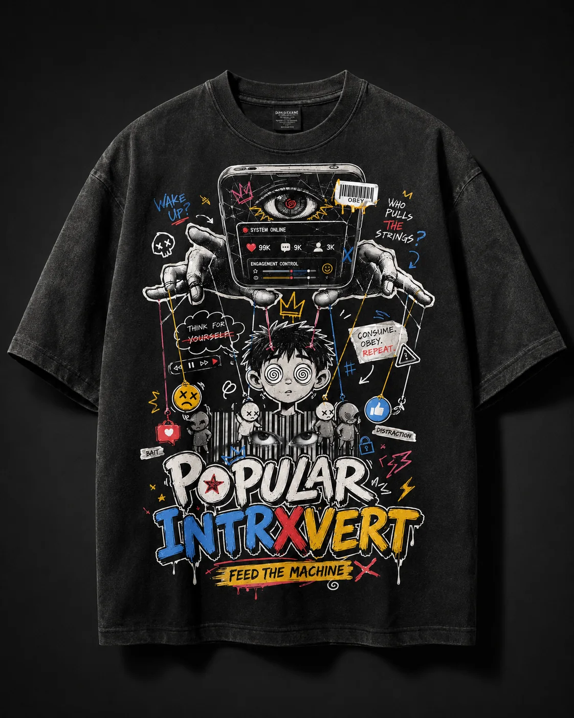Black Popular Intrxvert Feed the Machine graphic tee shown in the studio