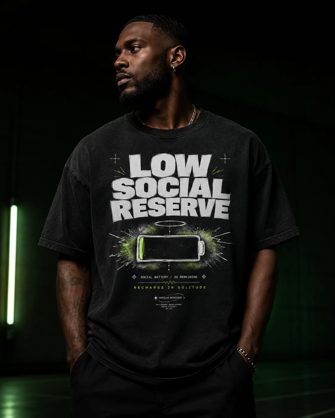 Model wearing the Popular Intrxvert Low Social Reserve tee