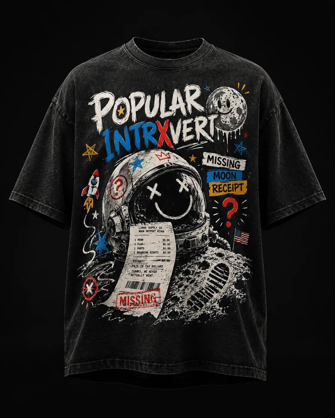 Black Popular Intrxvert Missing Moon graphic tee photographed in the studio