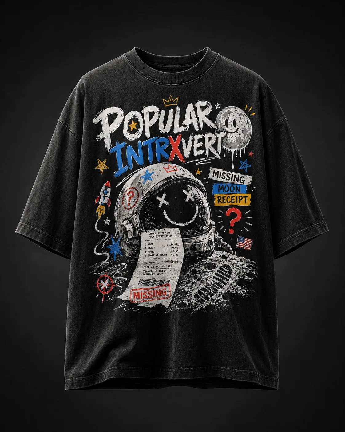 Black Popular Intrxvert Missing Moon graphic tee shown against a dark studio background