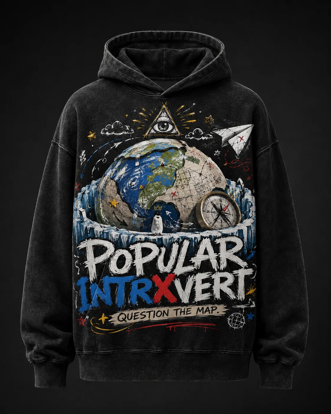 Black Popular Intrxvert Question the Map graphic hoodie shown against black