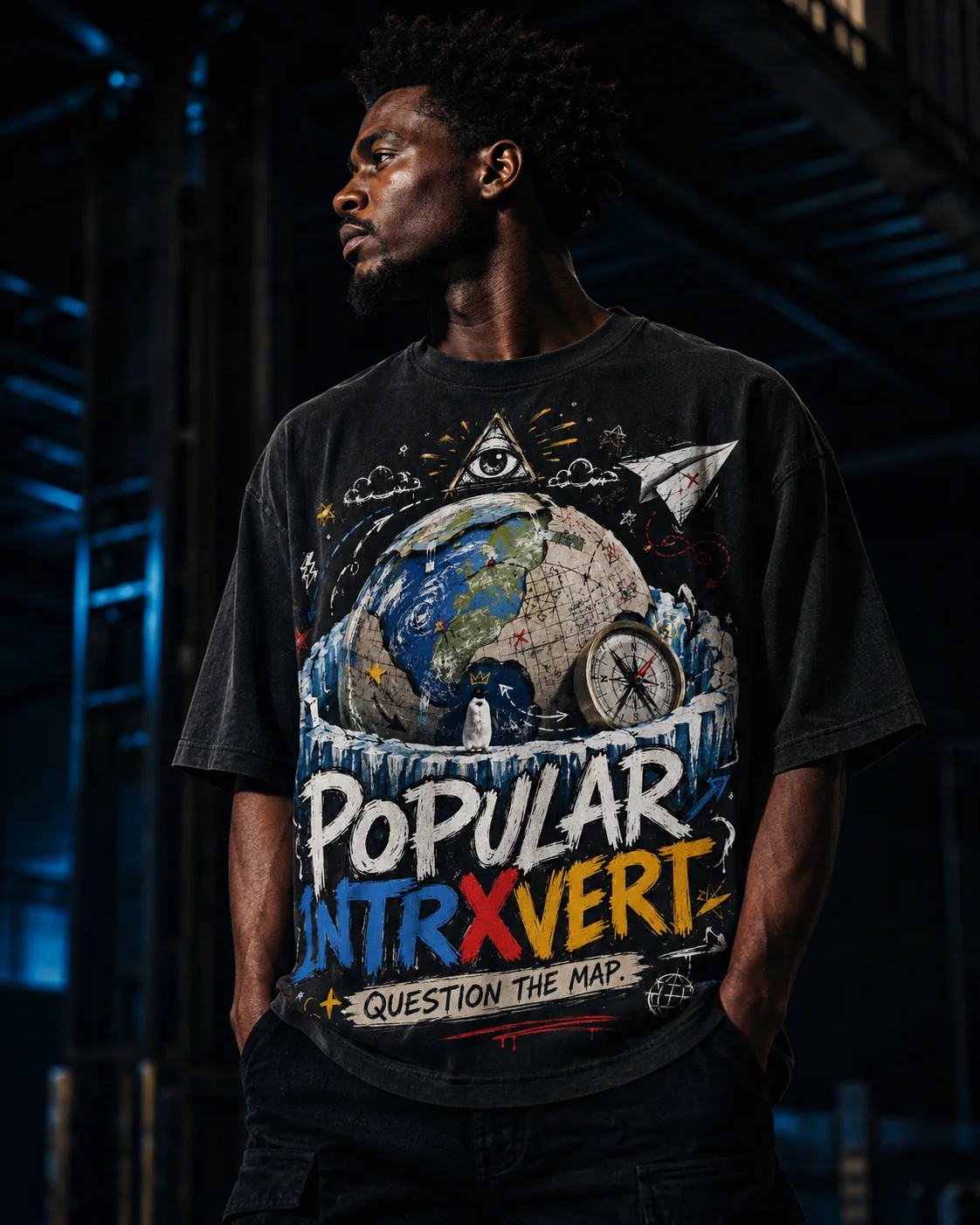 Model wearing a black Popular Intrxvert Question the Map graphic tee