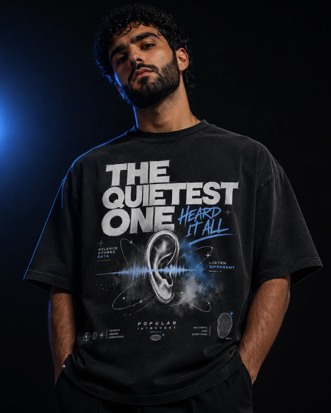 Model wearing The Quietest One Hears It All Popular Intrxvert tee